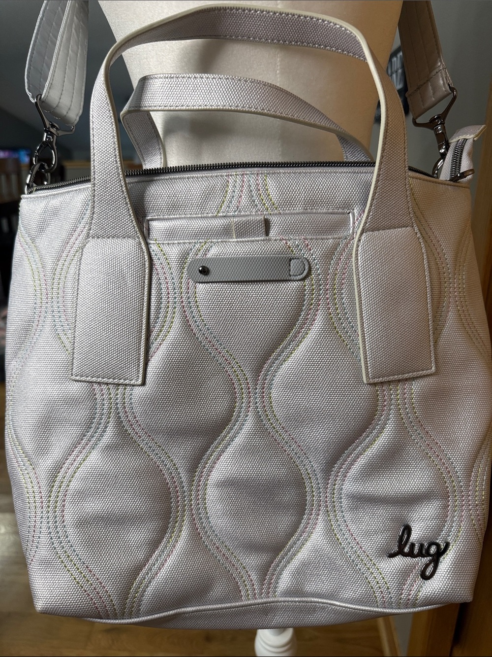 lug Metallic Silver Quilted Tote with Detachable Strap